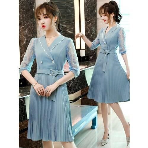 Half Sleeve Elegant Blue Sping Summer Dresses for Women Formal OL Styles Business Work Wear Dress with Belt Vestidos