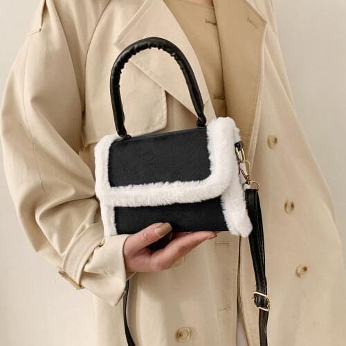 2020 Contrast Color Winter Soft Plush Shoulder Bag For Women PU Leather Square Bag Female Warm Fur Crossbody Bags Fluffy Bag