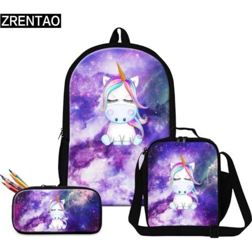 ZRENTAO children backpack set school bags 3D unicorn printed pencil case cartoon animal lunch coolers boys girls daily bookbags