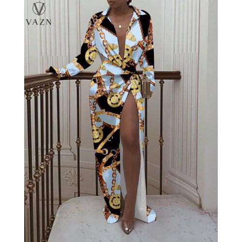 VAZN 2021 Autumn Shirt Spit Chiffon Retro Dress Young Sexy Club Fashion Full Sleeve Long Dress Elegant Women Dress