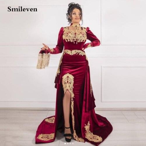 Smileven Velvet Long Sleeve Caftan Evening Dresses With Detachable Train Mermaid Prom Dress Evening Lace Formal Party Dress