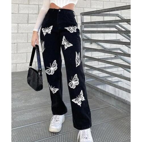 Women Zipper Long Wide Leg Pants Ladies Casual High Waist Trousers Butterfly Printed Elasticity Pocket Loose Straight Pants new