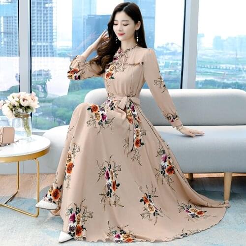 2021 Autumn High Waist Slim Maxi Dress Vintage Printed Long Sleeve Plus Size Dresses for Women Clothes White Khaki Black
