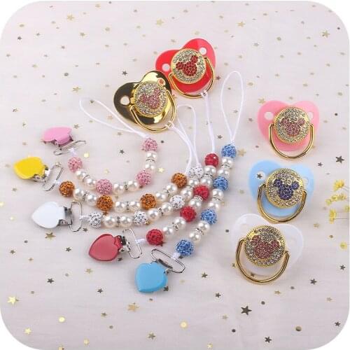 Bling Bling Luxury Rhinestone Baby Teether Pacifier With Clip Cartoon Infant Silicone Orthodontic Pacifier Nipple Sleep Soother