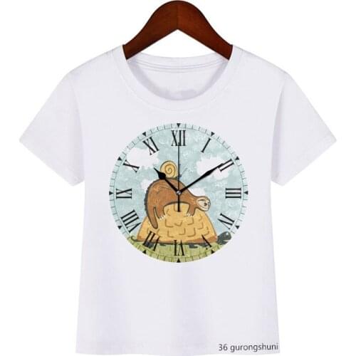 Funny and Cute Timetable Cartoon Print Pattern T-shirt Boys Girls T Shirt Summer Tops Kid Clothes Fashion Short Sleeve White
