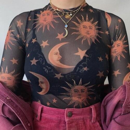 Sun Moon Printed Transparent Mesh Sexy T-Shirt Women O-Neck Long Sleeve Slim Basic Casual Female Tops 2020 Spring New hot black