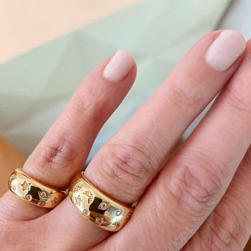 Engraved Moon Star CZ Engagement Wedding Ring For Women Gold Filled White Sparking Bling CZ Paved Ring Jewelry Size 6 7 8