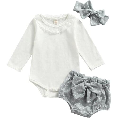2021 0-18M Cute Fall Infant Girl Clothes Set Lace White Solid Long Sleeve Romper+Floral Print Big Bow High Waist Shorts+Headband