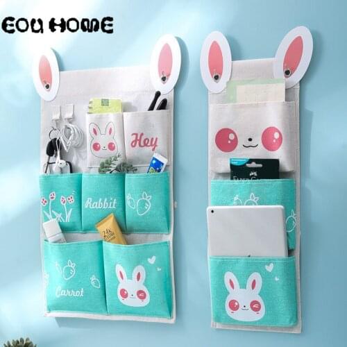 Make-up Wall Hanging Storage Bag Organizer Container Sundries Bag Bedside Wardrobe Closet New Cartoon Cotton Linen EOU HOME