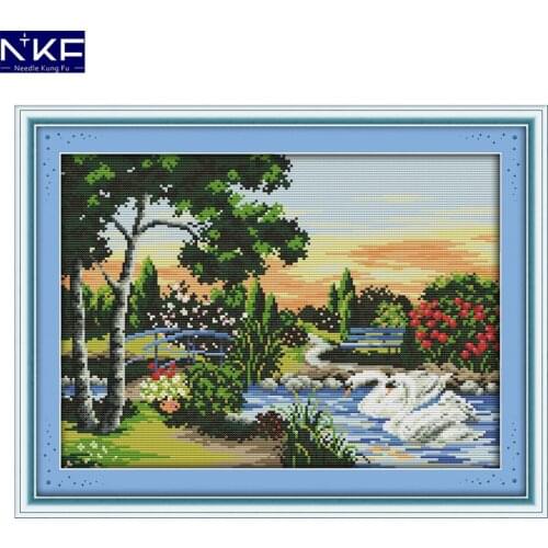 NKF Swan Lake Pattern Counted Cross Stitch Set DIY Needlework Embroidery Painting Scenery Cross Stitch Kits for Home Decor