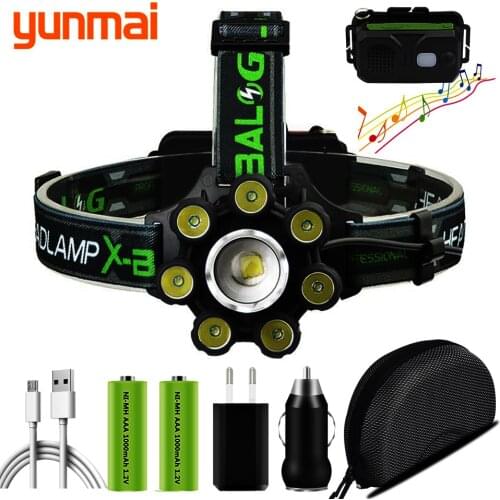Head Flashlight Lamp Smart Led Headlamp Bluetooth Speaker XM-L T6 Headlight 8000 Lumen Zoom USB Reachargeable 18650 Battery