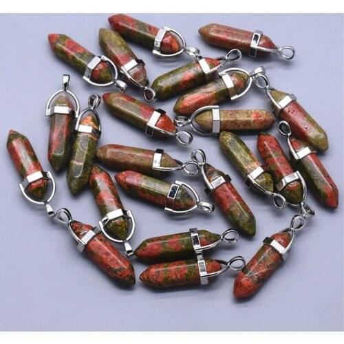 Wholesale Natural Unakite Pendant Stone Hexagonal Pillar Pendants Chakra Healing Point Gem For Women Necklaces 20pcs Lot