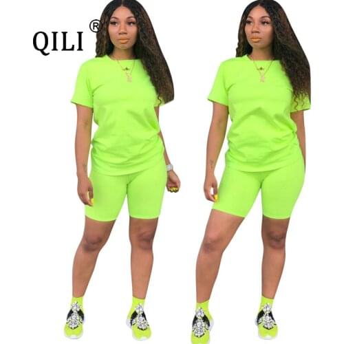 QILI Summer Two Piece Set Outfits Neon Green Yellow Rose-red Short Sleeve Clothes Top+Shorts 2 Piece Casual Sweatsuit
