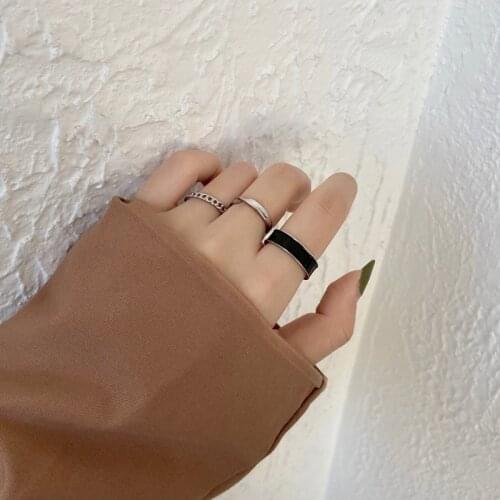 Silver Color Metal Geometry Circular Punk Rings Set Opening Index Finger Black Enamel Buckle Joint Tail Ring for Women Jewelry