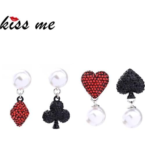 KISS ME 4 Pcs/ Set Red & Black Crystal Heart Earrings Elegant Dangling Imitation Pearls Drop Earrings Fashion Jewelry