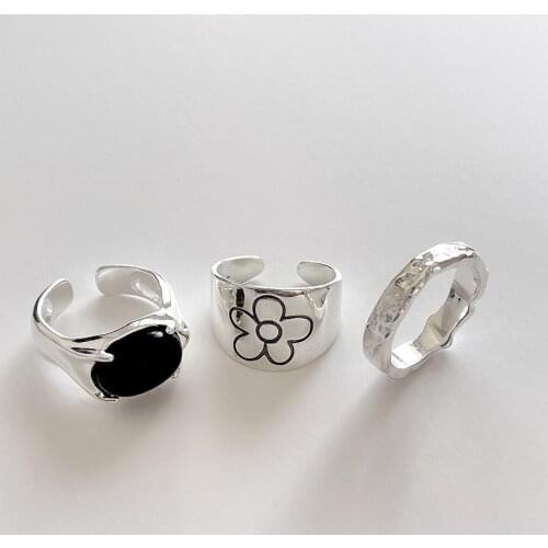 SHANICE 925 Sterling Silver Open Ring Small Flower Ring Personalized Jewelry Adjustable black agate Natural Stone Mothers Gift