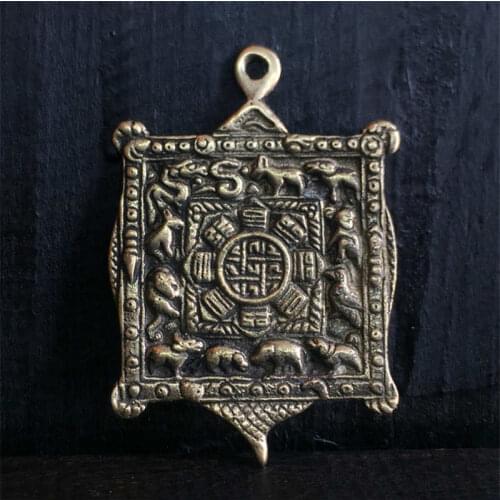 TBC840 Tibetan Antiqued Square Waist Tag Amulet Chinese 12 zodiac Tibtan Crafts Funny Collectibles