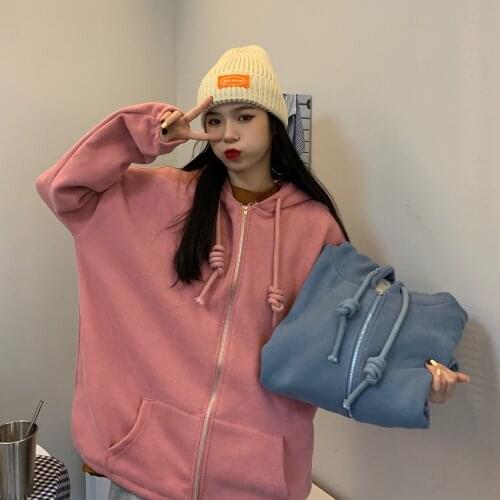 Harajuku with Hat Oversized Hoodies Women Zipper Kangaroo Pocket Casual Loose Solid Color Sweatshirt Female Fashion Tops Coat