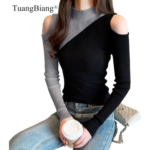 Off shoulder Long Sleeve Sexy Autumn 2020 Sweaters Contrasting colors Patchwork Pullovers Black Elastic Turtleneck women Jumpers