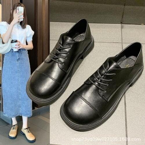 YSHUNIJ Loafers British Style Womens Single Shoes 2021 Round Toe Fashion Womens Shoes Lace-up Small Leather Shoes Womens Shoes