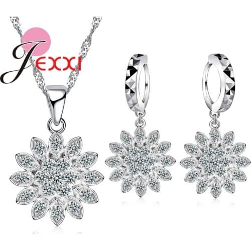 Anniversary Accessories Wedding Jewelry Sets For Women Flower Design 925 Sterling Silver Pendant Crystal Necklace Earrings