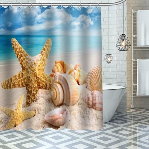 Custom High Quality Beach Shells Shower Curtain Waterproof Bathroom Polyester Fabric Bathroom Curtain With Hooks
