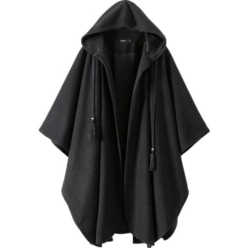 Harajuku Women Spring Black Hooded Cape Poncho Vintage Gothic Cardigan Tassel Zipper Female Cloak Trench Coat Streetwear Mujer