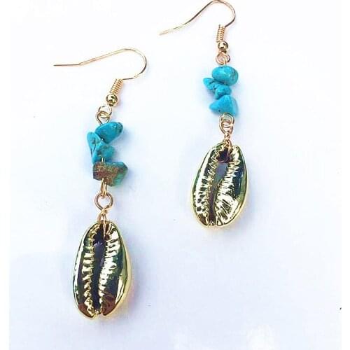 Gold Color Shell Pendant Earring Blue Pine Stone Earring Beach Bohemian Ms. Fashion Accessories Jewelry Birthday Gift For Girl