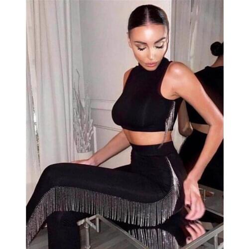 Women Autumn Sexy Sleeveless Black Tassel Crystal Sparkly Two Piece Bandage Set 2020 Celebrity Designer Fashion Womens Set