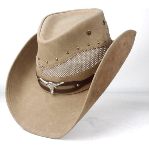 100% Leather Men Women Mesh Western Cowboy Hat Wide Brim Hat Outdoor Sombrero Hombre Cowgirl Hat Punk Belt