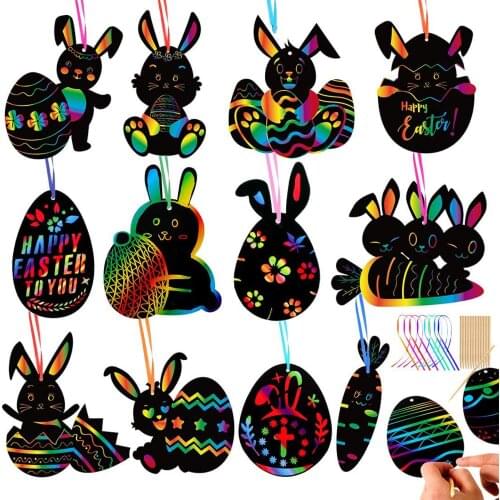 36 pcs Easter Bunny Egg Scratch Card Pendant Kit DIY Making Card Sheet Pendant, Ribbon Black Paperboard Scratching Pen Kit