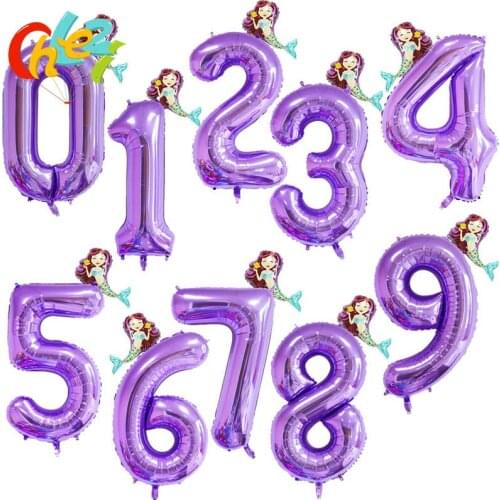 40inch Purple Number Balloon Mini Mermaid 0-9 year Happy Birthday Party Decor supplies baby girl Theme Princess Decoration