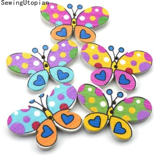 50PCS Cartoon Colorful Butterfly Wooden Buttons Handmade Wood Button Hand Threading Wood Buckle DIY Sewing Apparel Accessories