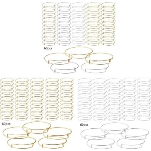 60 Pcs DIY Expandable Bangle Bracelets Adjustable Wire Bracelets Blank Beading Pendants Bangles for DIY Jewelry Making
