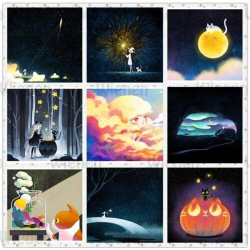 5D DIY Diamond Painting Cartoon Mosaic Picture Girl Cloud Moon Star Cat Night Scenic Full Square/Round Drill Diamond Embroidery
