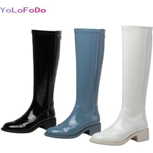Black Blue White Patent Leather Women Knee High Boots Autumn Winter High Quality Cow Boots Back Zipper Women Square Heel Shoes