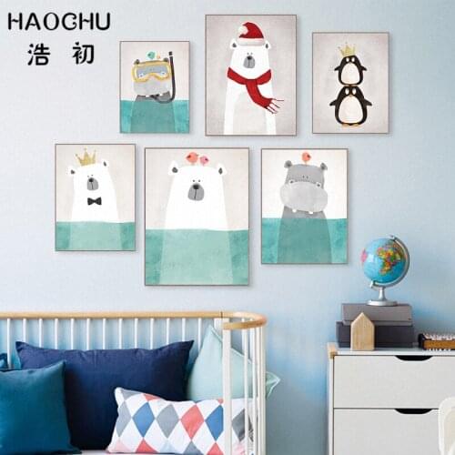 HAOCHU Nordic Kawaii Polar Bear Penguin King Hippo Abstract Animal Painting Art Work Canvas Print Wall Picture Kids Room Decor