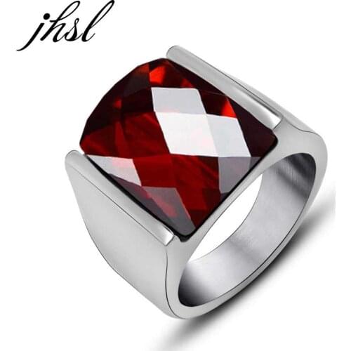 JHSL Red Black Stone Men Rings Silver Color Stainless Steel Fashion Jewelry Gift Wholesale US Large Size 7 8 9 10 11 12 13