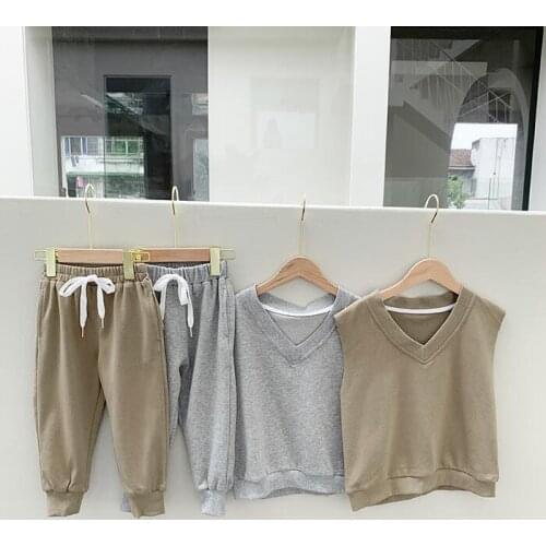 2021 new cotton girls boys 2 pcs set autumn vest +long pants soft kids suit