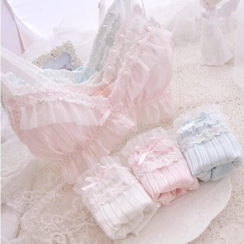 Young Girls Kawaii Sweet Lolita Bow Ruffle Intimates Comfortable Sleep Underwear Lingerie Set Japanese Bra & Panties Set 6 Color