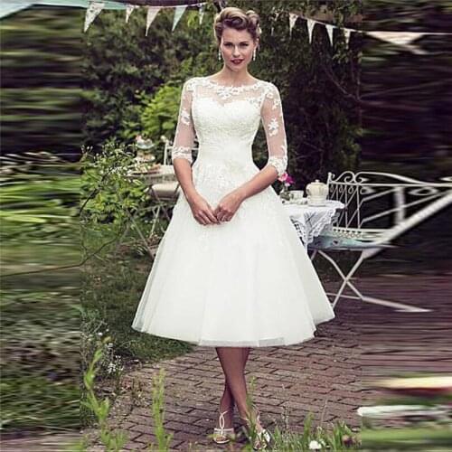 Scoop Half Sleeves A-Line Wedding Dresses Tulle Lace Short Women Fashion Garden Bridal Gowns Custom Made Retro Bride Dress