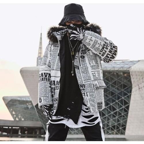 2019 Winter Newspaper Print Jacket Coat Male Thick Cotton-Padded Coats High Quality Male Fashion Clothing