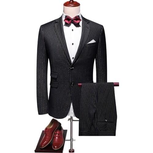 Striped Print suits men 2020 Formal office slim fit casual Business single button black wedding Dress Suit blazers pants 2 piece