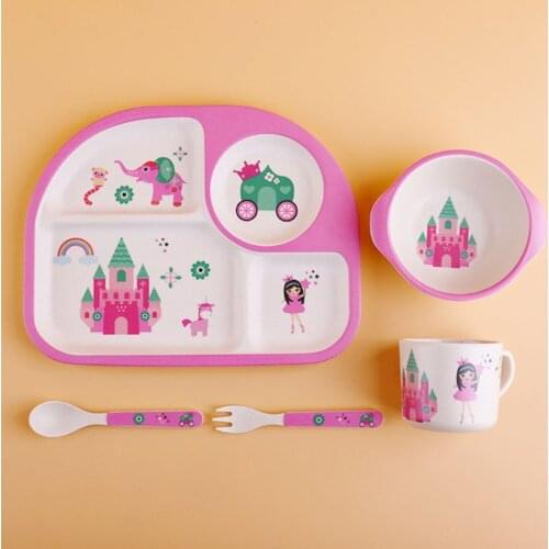 E8BD 5 Piece Toddler Kids Bamboo Dinnerware Set Cartoon Animal Food Plate Feeding Dishes Bowl Spoon Fork Cup Tableware Baby