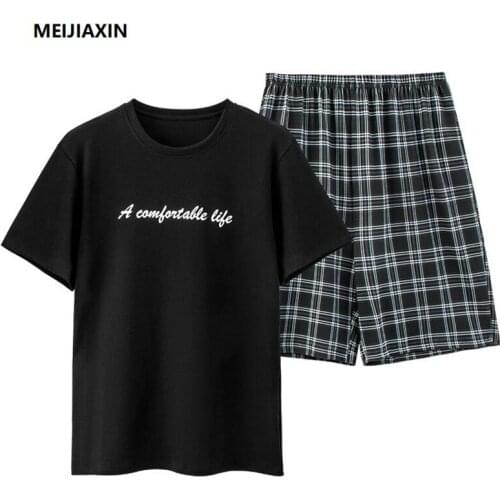 New Summer Knitted Cotton Men Sleepwear Short Tops+Short Pants Two Pieces Set Pajamas Mens Loose Plus Size L-4XL Mens Clothing