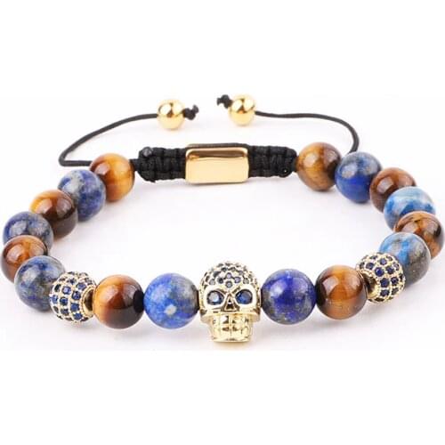 New Design Natural Stone Beads Blue CZ Pave Skull Charm Macrame Adjustable Bracelet Men
