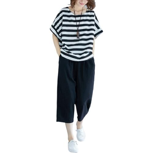 Overiszed Loose Two Pieces Women Pant Sets 2020 Summer New Striped O-Neck Loose T-Shirts And Black Pants Top Quality