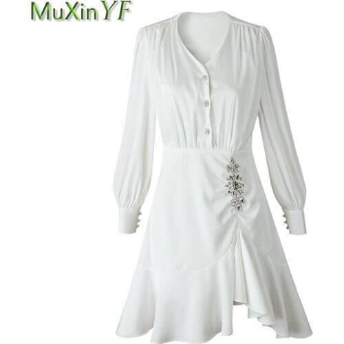 Womens Spring Autumn Graceful White Satin Ruffles Dress Office Lady Elegant Crystal Party Clothing Long Sleeve V-Neck Dresses