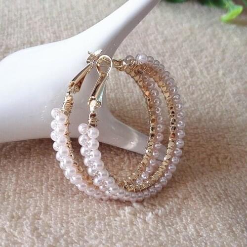 Simple Plain Gold Color Metal Pearl Hoop Earrings Fashion Big Circle Hoops Statement Earrings for Women Party Jewelry