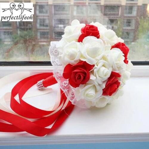 Perfectlifeoh Romantic Wedding Bouquet Bridal Bridesmaid Handmade Artificial Silk Rose Flowers with Lace Wedding Favor